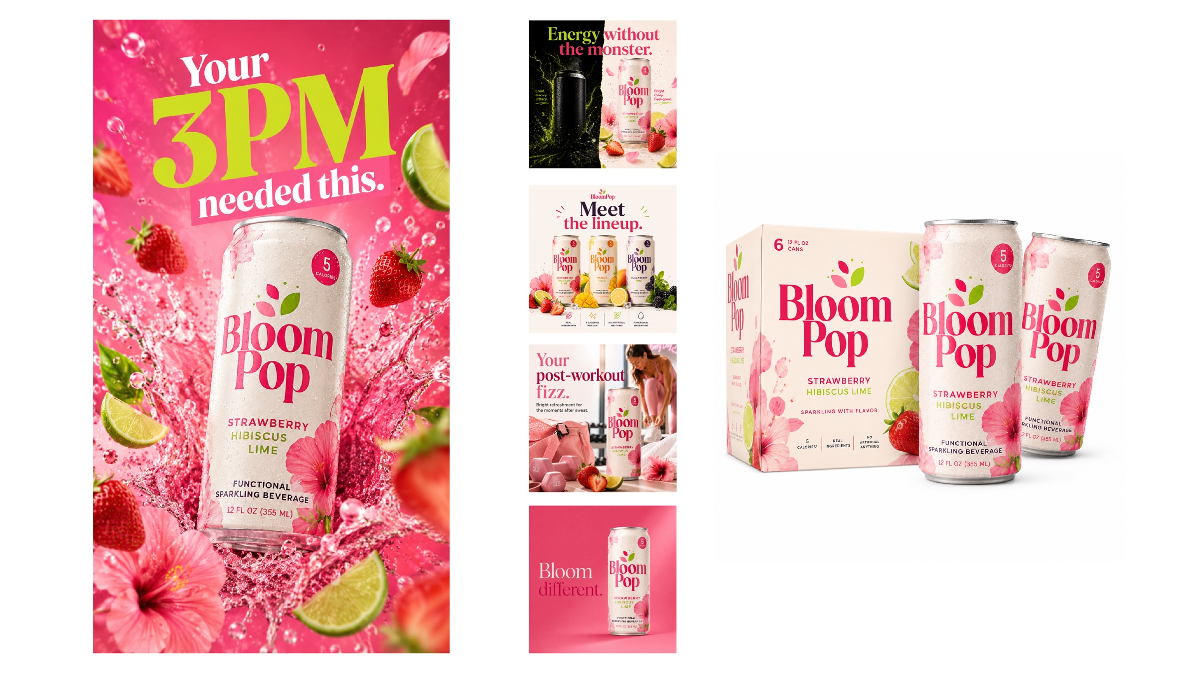 BloomPop can packaging, product collage, and variety pack