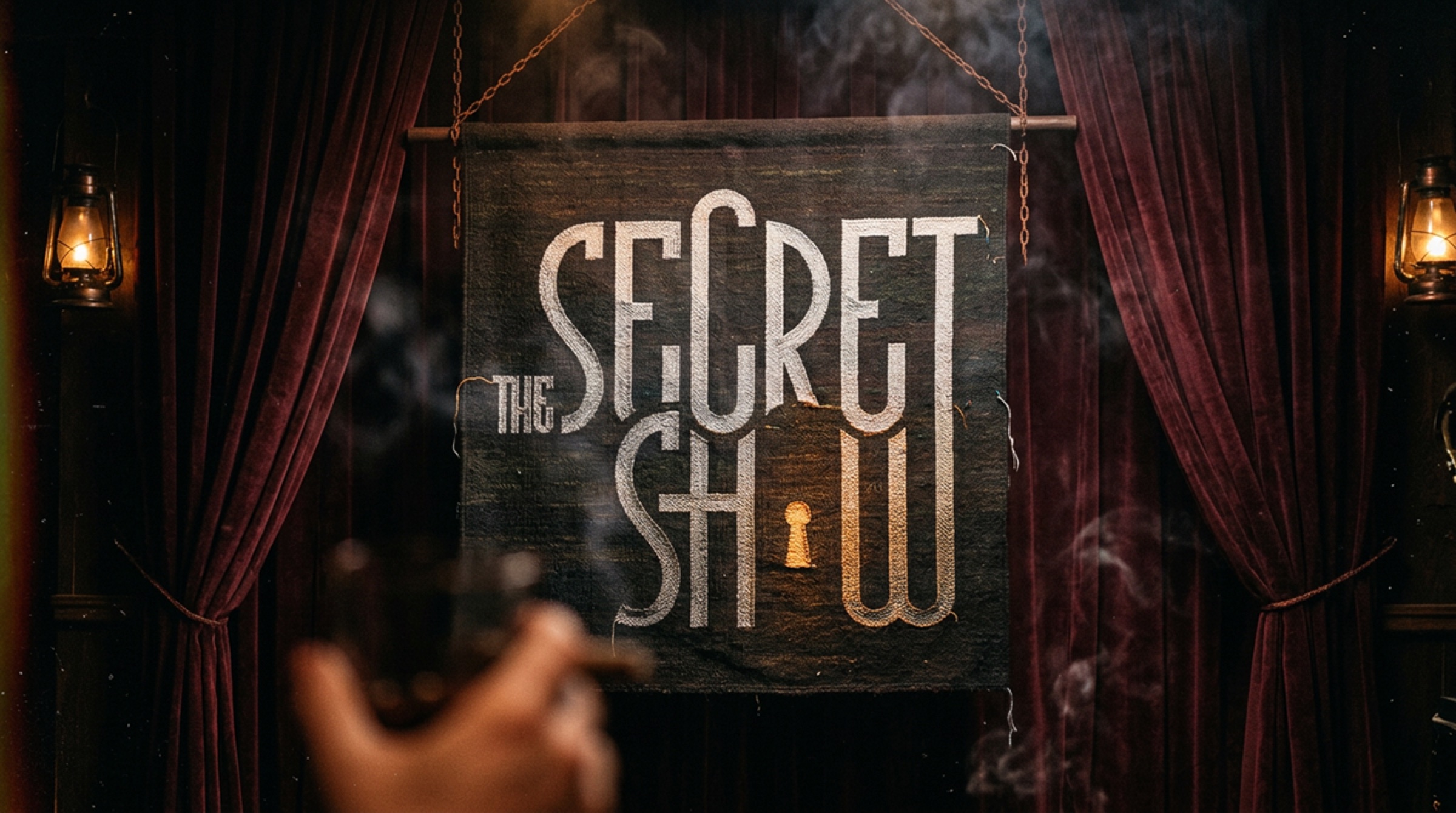 Signage in context against a velvet curtain