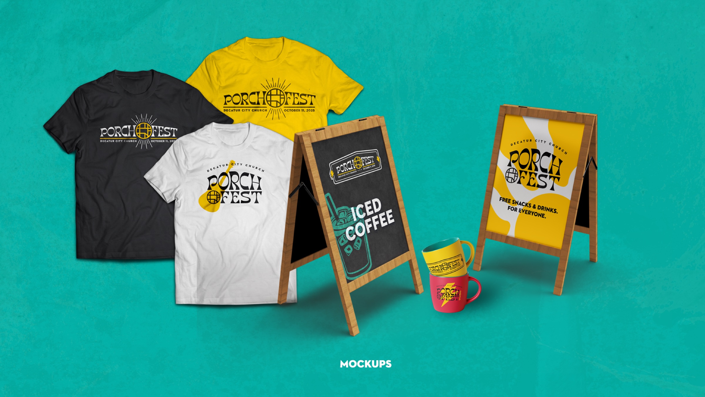 Apparel and signage mockups - t-shirts, A-frames, mugs